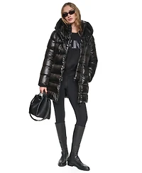 Dkny Women's Pearlized Hooded Walker with Bib Coat