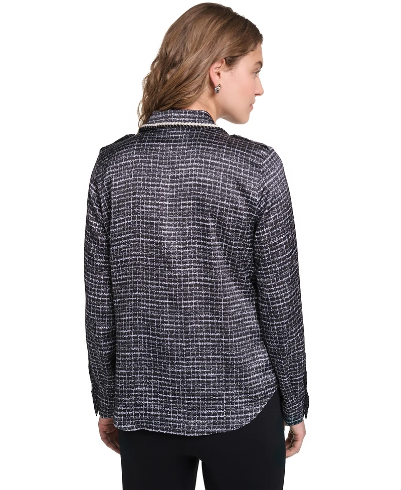 Karl Lagerfeld Paris Petite Print Tweed Trim Top
