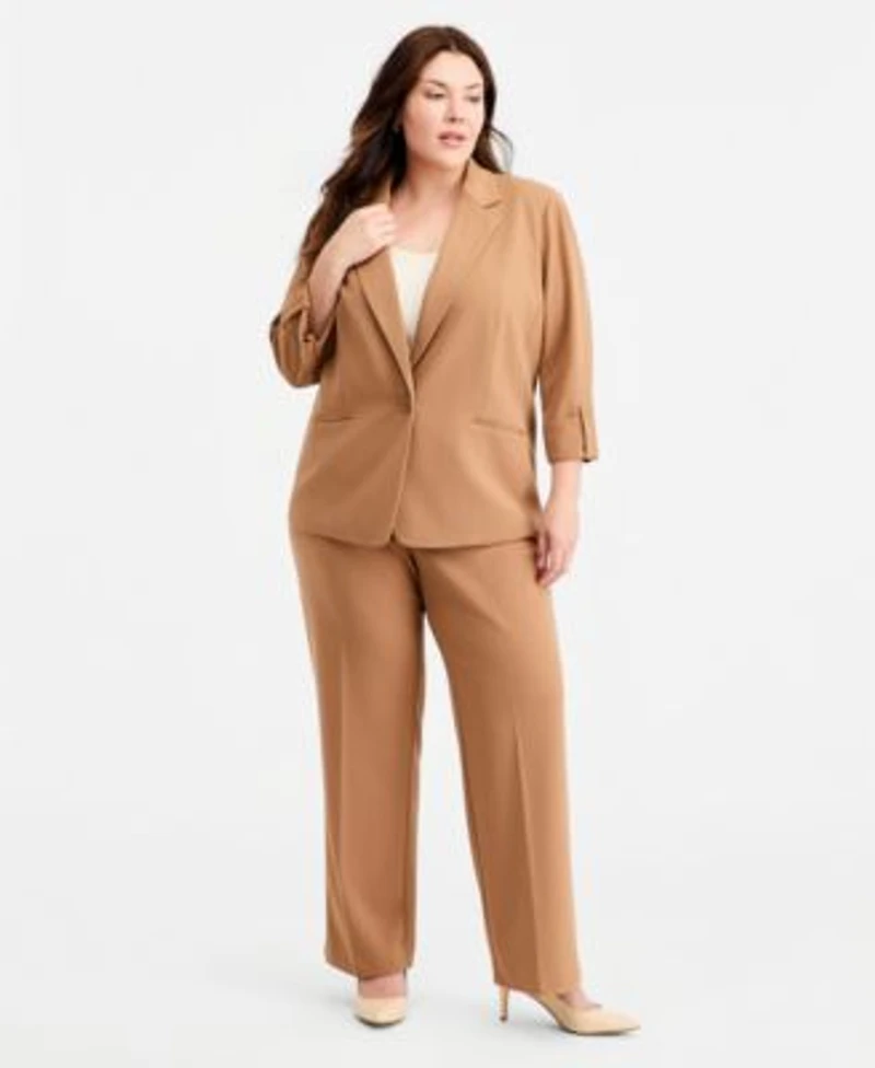 Anne Klein Essentials Plus Size Roll Tab Sleeve One Button Blazer High Rise Straight Leg Pants