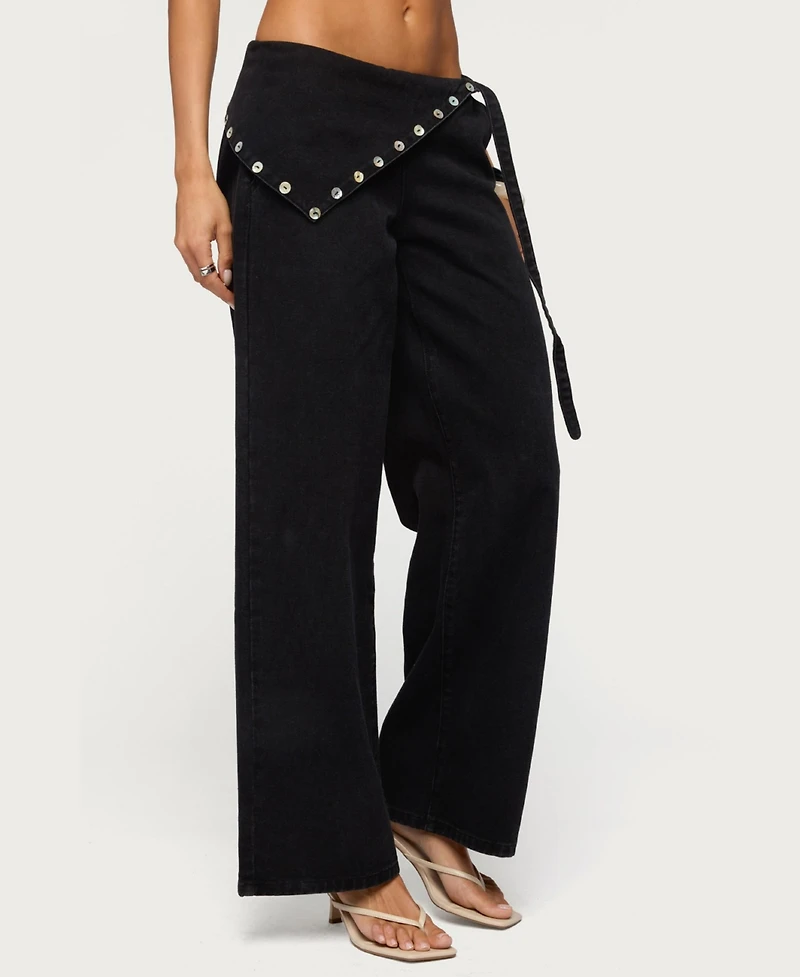 Edikted Women's Button Foldover Low Rise Baggy Jeans