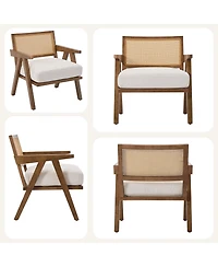 homfan Mid-Century Modern Accent Chair, Rattan Backrest, Suede or Linen Cushion, Wood Frame, Lounge Chair for Living Room