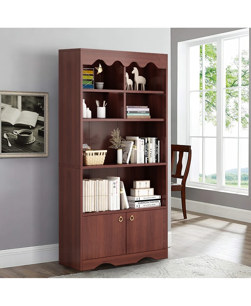 homfan Modern Wave Top Bookcase, Wood and Melamine Board Storage Cabinet with Gold Handles, 6-Cube Organizer Easy Assembly for Home Office