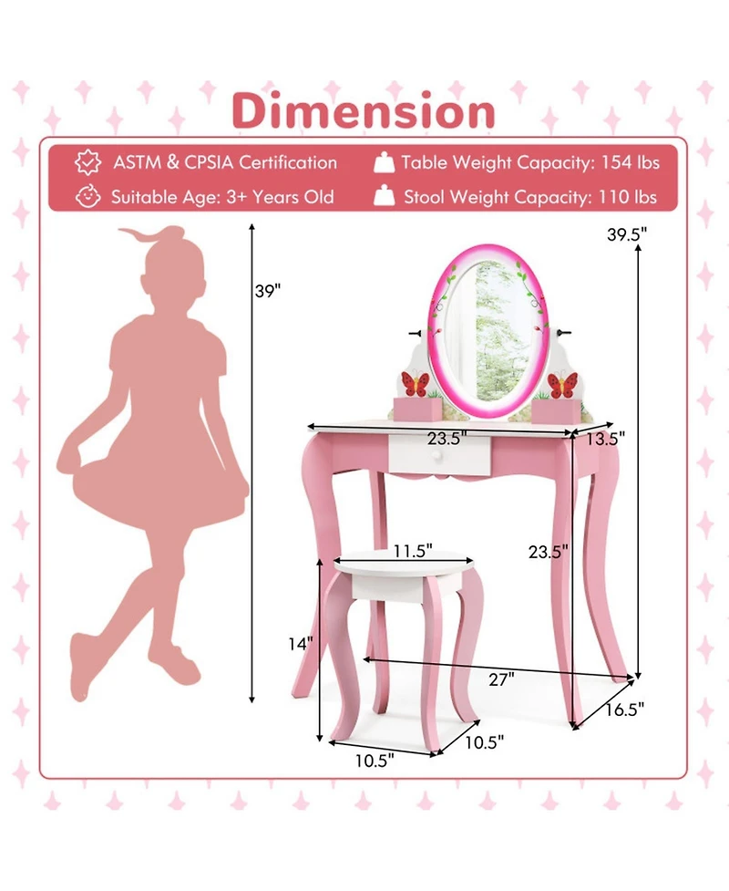 Gouun Kids Vanity Table and Stool Set with Rotating Mirror