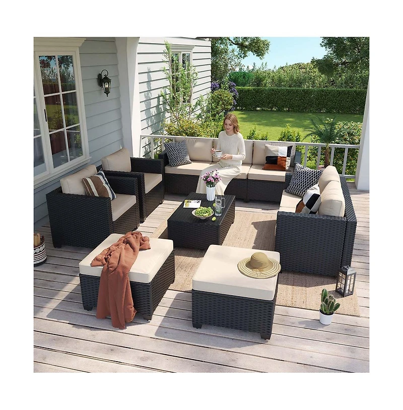 Aoxun Outdoor Patio Rattan Furniture Set with Steel Frame Waterproof Cushions and Free Covers