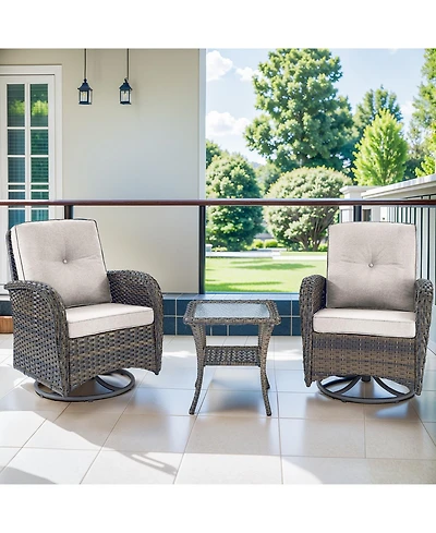 Pocassy 3Pieces Patio Furniture Set, Outdoor Swivel Rocker Chairs, Wicker Bistro Set with Rocking Chair, Thick Cushions and Glass Coffee Table