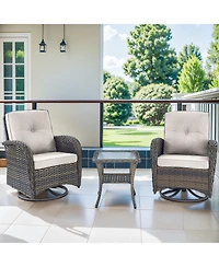 Pocassy 3Pieces Patio Furniture Set, Outdoor Swivel Rocker Chairs, Wicker Bistro Set with Rocking Chair, Thick Cushions and Glass Coffee Table