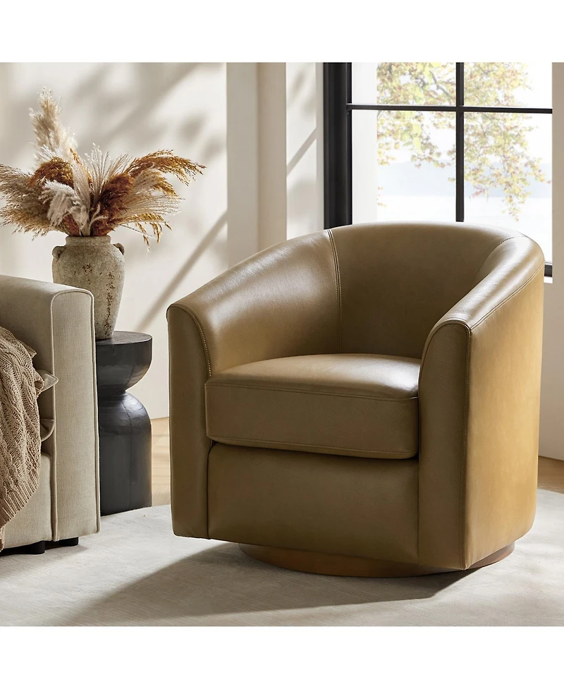 Hulala Home Amiir 30.5'' Wide Genuine Leather Swivel Barrel Chair with Solid Wood Base