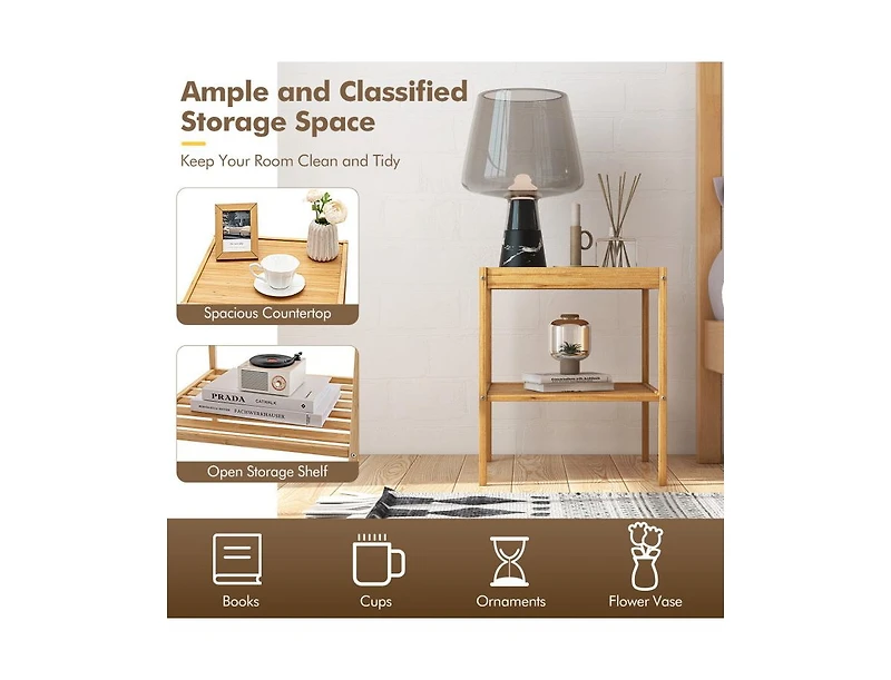 2 Pieces 2 Tiers Bamboo Nightstand for Living Room Bedroom-Natural