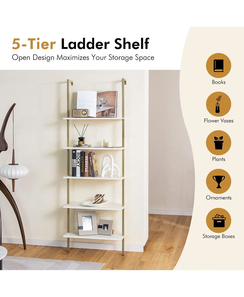 Gouun 5-Tier Wall-Mounted Ladder Bookcase with Sprayed Steel Frame