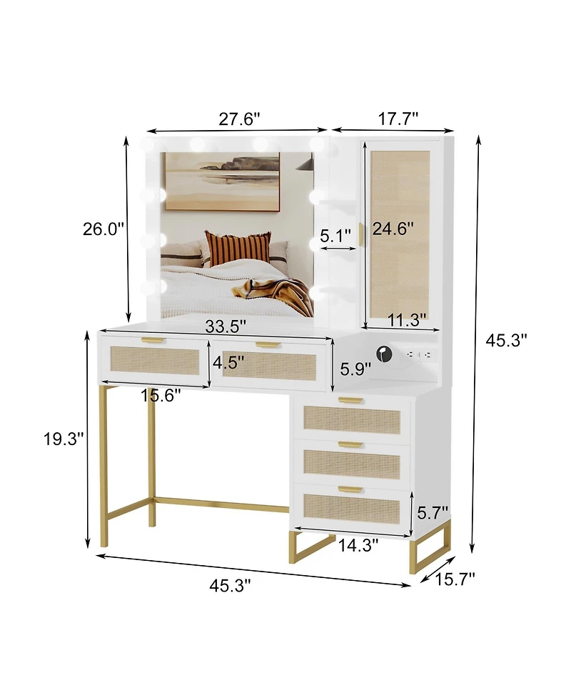 homfan Makeup Vanity Desk with Lights and Mirror, 3 Dimmable Light Modes, 5 Rattan Front Drawers, Hidden Cabinet, Built-in Power Strip, Metal Frame