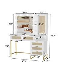 homfan Makeup Vanity Desk with Lights and Mirror, 3 Dimmable Light Modes, 5 Rattan Front Drawers, Hidden Cabinet, Built-in Power Strip, Metal Frame