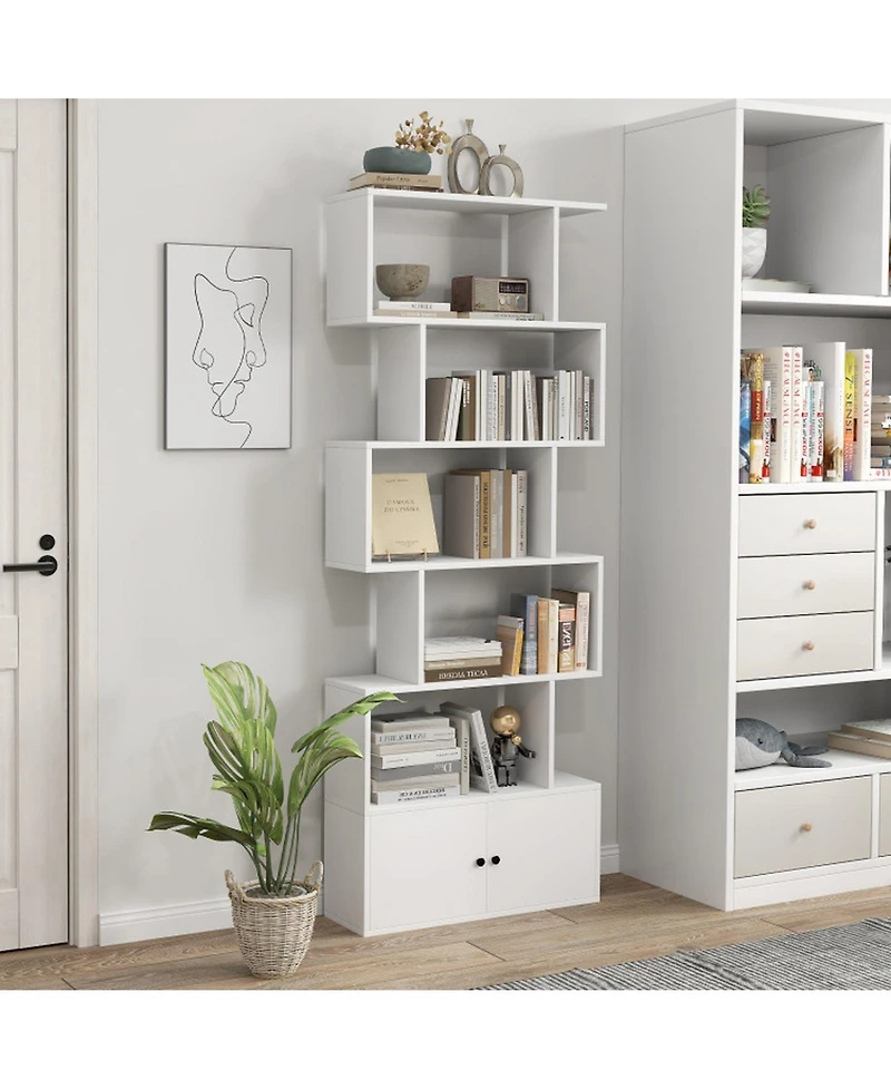 Gouun 6-Tier S-Shaped Bookshelf Freestanding Cabinet Doors Display