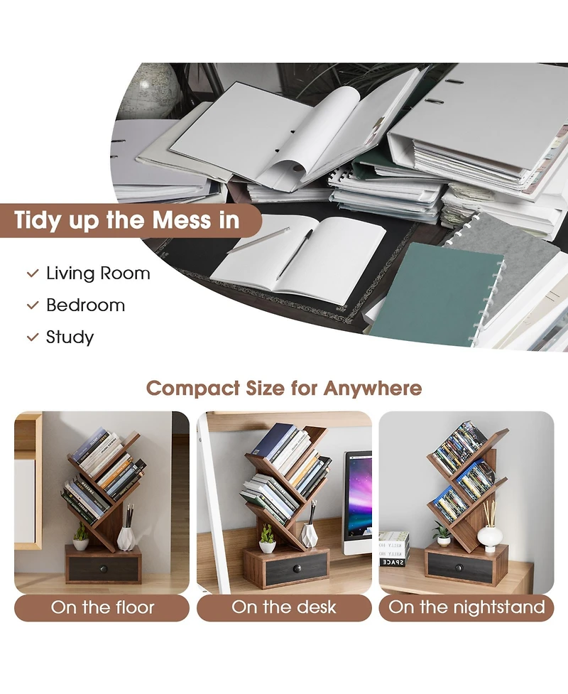 Gouun 24 Inch Tall Compact Tree-Shape 5-Tier Bookcase with Drawer for Desk and Corner