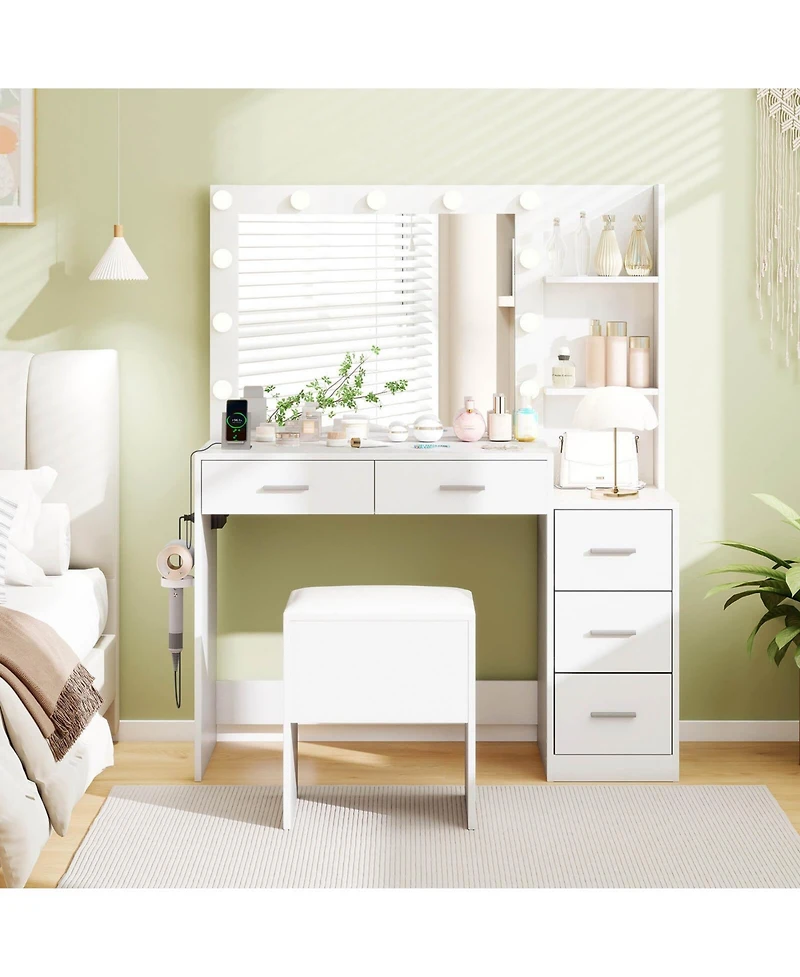 Costway Makeup Table Set Vanity Desk with Storage Stool Power Outlets 2 Open Shelves