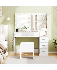 Costway Makeup Table Set Vanity Desk with Storage Stool Power Outlets 2 Open Shelves