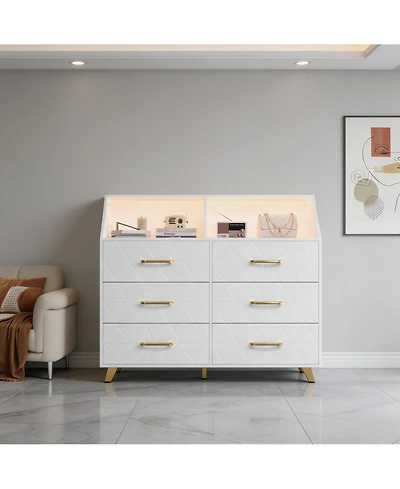 homfan 6-Drawer Dresser with Charging Station and Led Lights,Engineered Wood Storage Chest with Gold Metal Legs,Anti-Tip Multi-Functional Home Cabinet