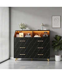 homfan 6-Drawer Dresser with Charging Station and Led Lights,Engineered Wood Storage Chest Gold Metal Legs,Anti-Tip Multi-Functional Home Cabinet