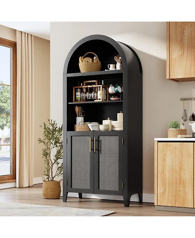homfan Arched 5-Tier Storage Cabinet with Doors, Modern Farmhouse Cupboard Open Display Shelves, Multipurpose Furniture for Kitchen, Dining Room