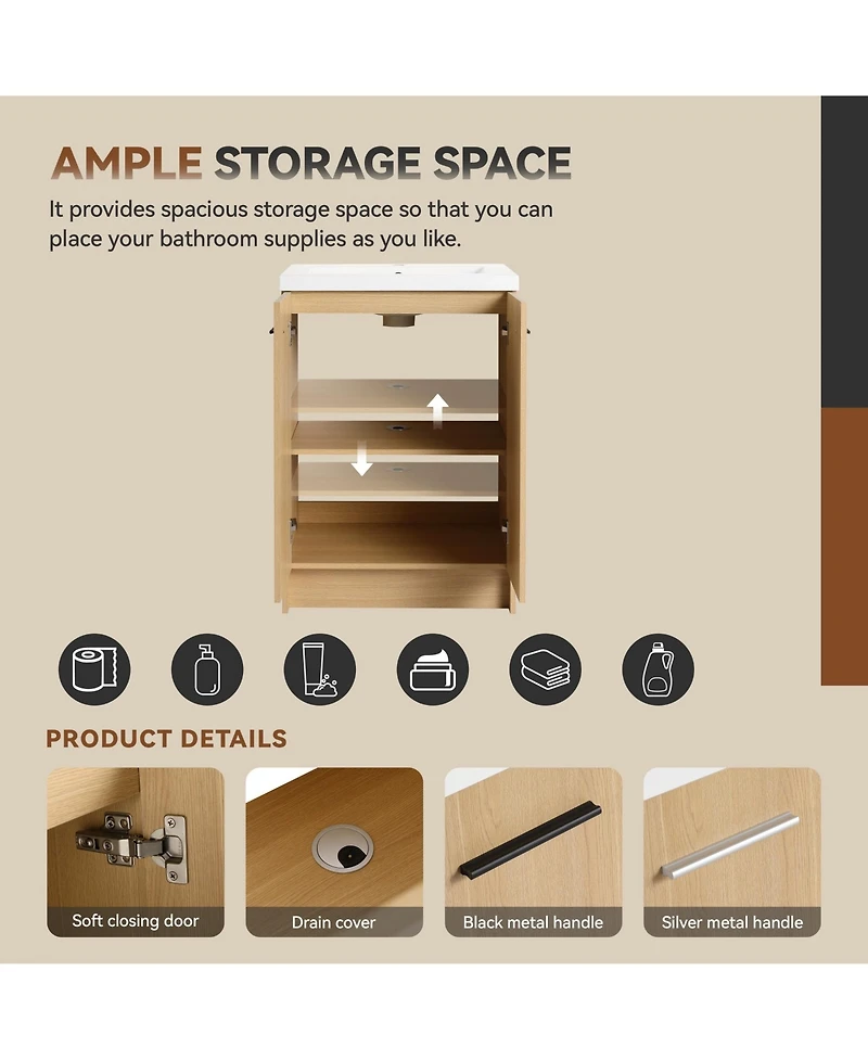 Phying 24 Inch Light Oak Freestanding Bathroom Vanity Bathroom Cabinet Space Saving Home Bathroom Furniture for Small Bathrooms Apartment