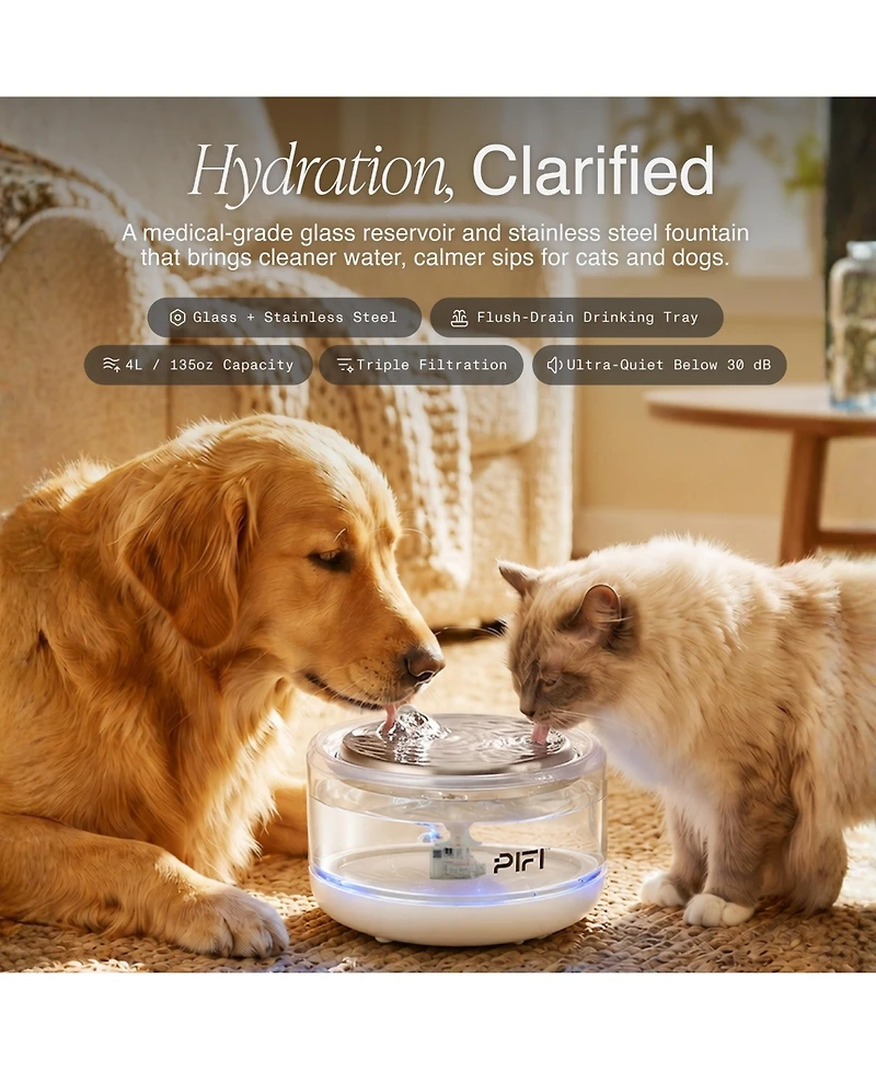 PiFi Sapphire Dog Glass Water Fountain, 4L, Ultra-Quiet
