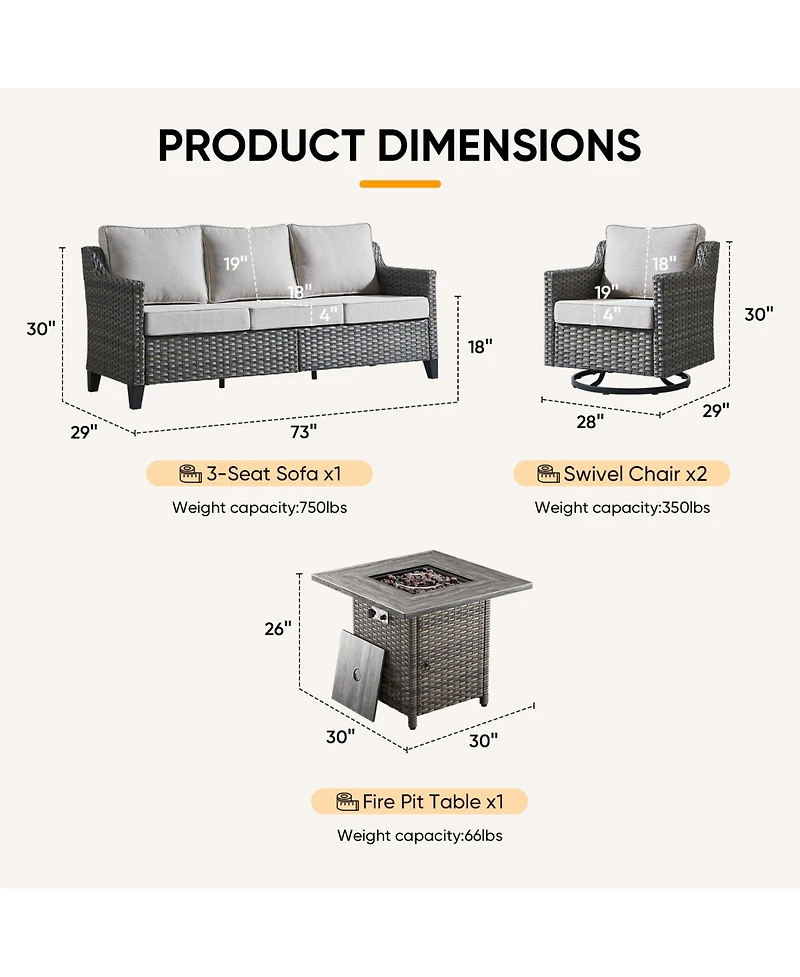 Pocassy Patio Furniture Set with Fire Pit Table, Swivel Chairs, Sofa, 4pcs Wicker Conversation Set for Deck Yard and Poolsid