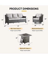 Pocassy Patio Furniture Set with Fire Pit Table, Swivel Chairs, Sofa, 4pcs Wicker Conversation Set for Deck Yard and Poolsid