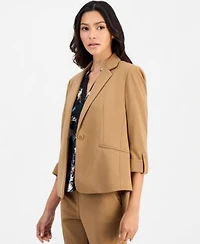 Anne Klein Essentials Petite 3 4 Sleeve One Button Blazer Printed Elbow Sleeve Split Neck Top Pull On Straight Leg Pants