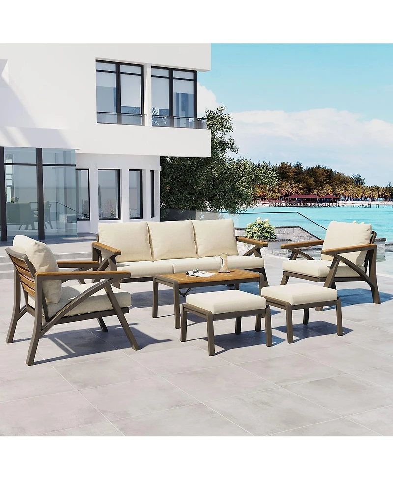 Asagikoiai 6-Piece Outdoor Patio Furniture Set, 7-Seat Steel Frame Conversation Sofa Set