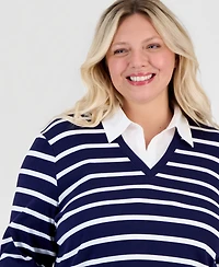 Jones New York Plus Size Long-Sleeve Striped V-Neck T-Shirt