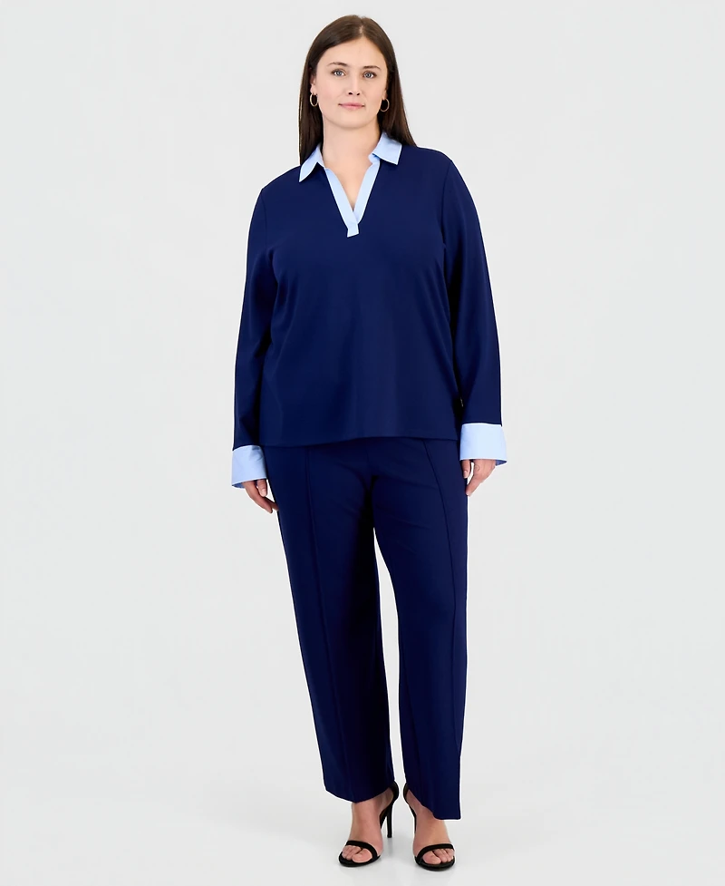 Jones New York Plus Twofer Top Serenity Knit Collared V-Neck Long-Sleeve