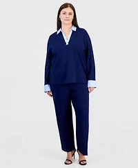 Jones New York Plus Twofer Top Serenity Knit Collared V-Neck Long-Sleeve