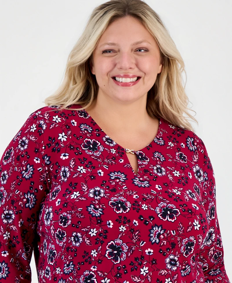 Jones New York Plus Kissing Trim Top Printed Floral-Print V-Neck 3/4-Sleeve Blouse
