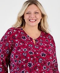 Jones New York Plus Kissing Trim Top Printed Floral-Print V-Neck 3/4-Sleeve Blouse