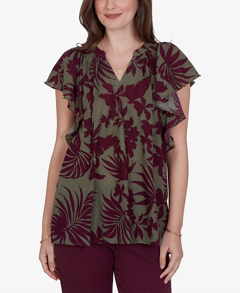 Ruby Rd. Petite Tropical Print Gauze Flutter-Sleeve Top