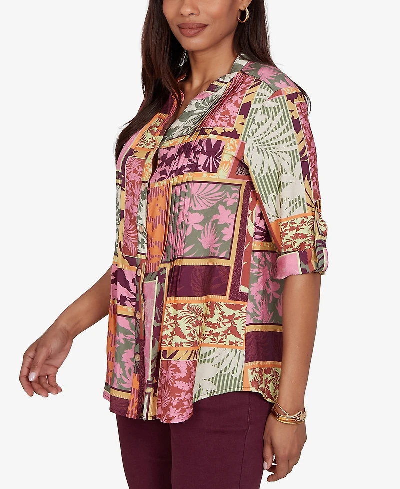 Ruby Rd. Petite Tropical Patchwork Voile Button Front Top