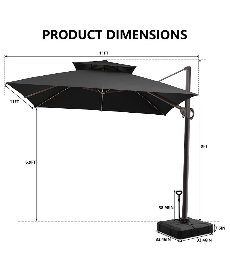Pellebant Outdoor Patio Double Top 11x11Feet Square Aluminum Cantilever Umbrella with Rod Wheel Base