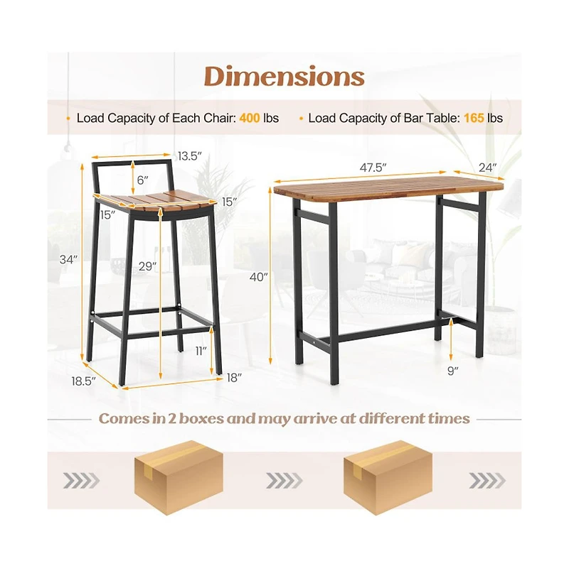 Boyel Living 5 Piece Acacia Wood Bar Table Set Bar Height Table and Chairs with Metal Frame and Footrest