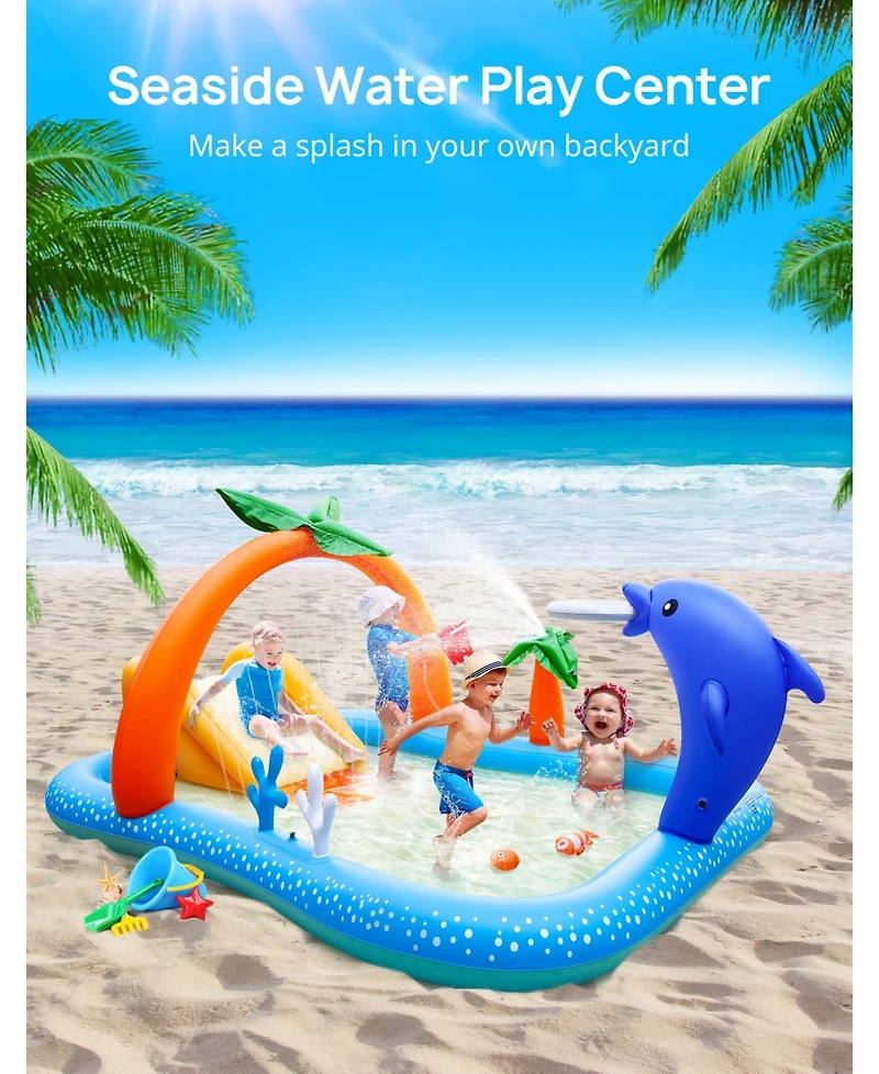 Aofar KidPool Slide Inflatable Play Center Wading Lounge Coconut Palm Sprinkler Water Game