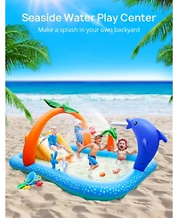 Aofar KidPool Slide Inflatable Play Center Wading Lounge Coconut Palm Sprinkler Water Game