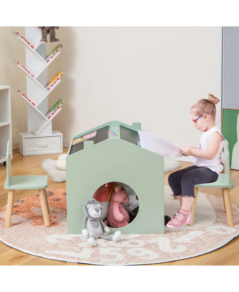 Gouun 3-Piece Kids Table and Chair Set Chalkboard Top House Design