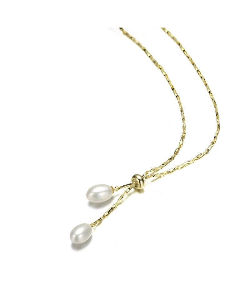 14K Gold Plated Pearl and Cubic Zirconia Y Neck Necklace