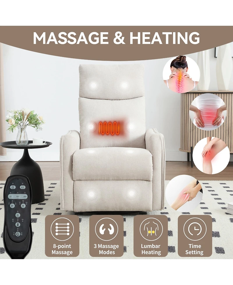 Clihome Heat Massage Manual Recliner Chair with Rocker and Swivel Fabric for Living Room