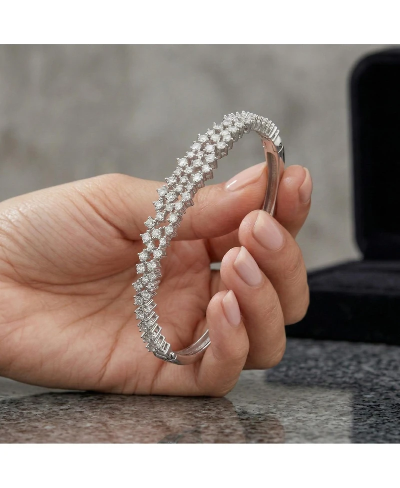 Sterling Silver with Rhodium Plated Clear Round Cubic Zirconia Cluster Style Bangle Bracelet