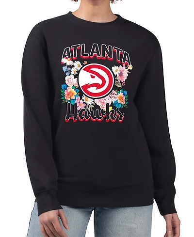 G-iii 4Her By Carl Banks Women's Black Atlanta Hawks Flowers Team Logo Graphic Fleece Crewneck Pullover Sweatshirt
