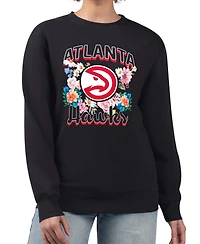 G-iii 4Her By Carl Banks Women's Black Atlanta Hawks Flowers Team Logo Graphic Fleece Crewneck Pullover Sweatshirt