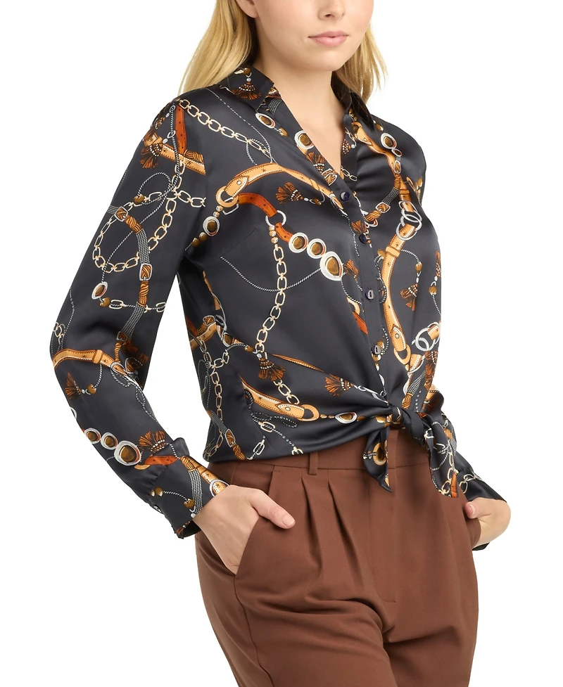 Bcx Women's Collared Printed Satin Top