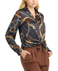 Bcx Women's Collared Printed Satin Top