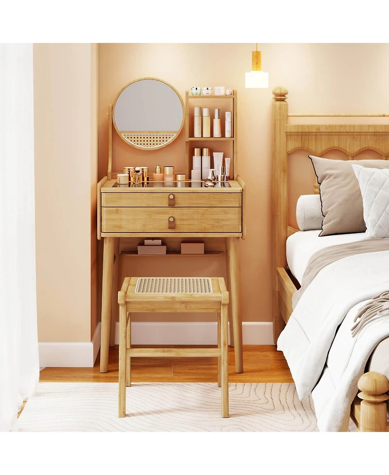 Costway Compact Makeup Table Set with 2 Drawers Open Storage Shelves Vanity Stool