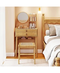 Costway Compact Makeup Table Set with 2 Drawers Open Storage Shelves Vanity Stool