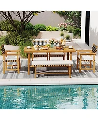 Costway 6piece Patio Dining Set, Acacia Wood Table and Bench and 4 Armchairs with Umbrella Hole